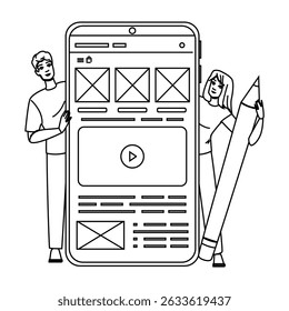 interface wireframe website vector. user experience, navigation elements, grid mockup interface wireframe website character. people black line pencil drawing illustration