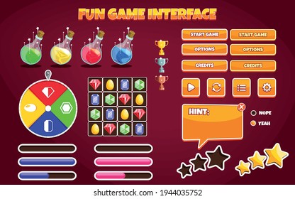 Interfaces for fantasy games. Board of gems with four colors to match-3 game styles. Golden, silver and bronze cups to prizes. Small and large buttons with actions and system icons. Colored potions