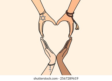 Interfaith friendship is demonstrated by heart-shaped hands, with decorations from islam and christianity or judaism. Importance of interreligious harmony for achieving peace and absence of wars