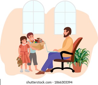 Сhildrens interfere with work, difficulties with remote work. Son and daughter interferes with dad’s work, quarantine. Man working remotely from home use computer. Vector flat style illustration.