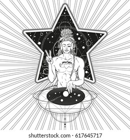 Intergalactic DJ Buddha - Super Star with tattoo NIRVANA over star  with sacred geometry and rays background.Hippie sexy man showing peace sign and winking.Vector illustration.Ironic hipster insignia.