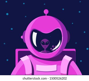 Intergalactic and interplanetary encounter with an alien. Portrait of an astronaut in a pink spacesuit with a helmet without a face. The astronaut shutter reflects the face of a good alien