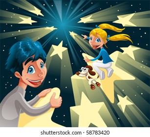 Intergalactic journey on the stars. Funny cartoon and vector illustration