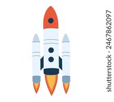 Intergalactic rocket launch. Rocketship flying in outer space. Cosmos flight of galactic shuttle or spaceship. Colored flat vector illustration of spacecraft with fire flames from engine