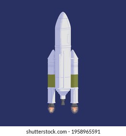 Intergalactic rocket launch. Rocketship flying in outer space. Cosmos flight of galactic shuttle or spaceship. Colored flat vector illustration of spacecraft with fire flames from engine