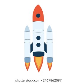 Intergalactic rocket launch. Rocketship flying in outer space. Cosmos flight of galactic shuttle or spaceship. Colored flat vector illustration of spacecraft with fire flames from engine