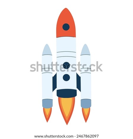 Intergalactic rocket launch. Rocketship flying in outer space. Cosmos flight of galactic shuttle or spaceship. Colored flat vector illustration of spacecraft with fire flames from engine