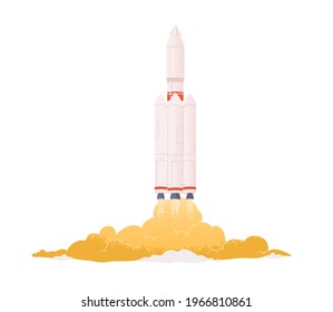 Intergalactic rocket launch. Spaceship takeoff with fire flames from engine. Spacecraft taking off. Concept of start up. Colored flat vector illustration of space shuttle isolated on white background