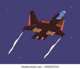 Intergalactic spaceship flying in outer space. Spacecraft flight on sky background. Spaceflight of cosmic shuttle. Colored flat vector illustration of spacewalk in universe