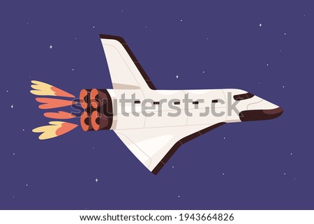 Intergalactic spaceship flying in outer space. Spacecraft flight in sky. Galactic shuttle traveling among stars. Spaceflight of futuristic rocketship. Colored flat vector illustration