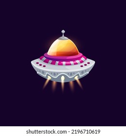 Intergalactic starship, cosmos galaxy invader spaceship, ui game asset element isolated. Vector spaceship extraterrestrial station, futuristic object. Alien craft cartoon spacecraft ufo saucer ship