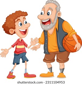 Intergeneration Family: Happy Grandfather and Nephew Playing Basketball Together illustration