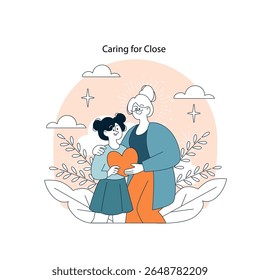 Intergenerational Bond concept. Vector illustration of a grandmother and granddaughter sharing a heart, symbolizing love and connection across ages.