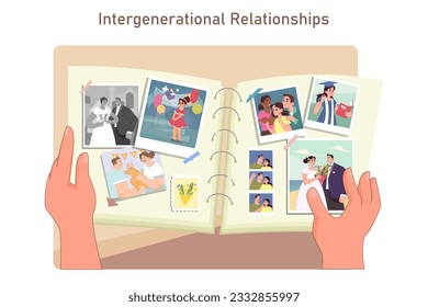 Intergenerational family relationships. Hands holding memory photo album with big events photographs. Graduation and wedding snapshots. Desk top view. Flat vector illustration