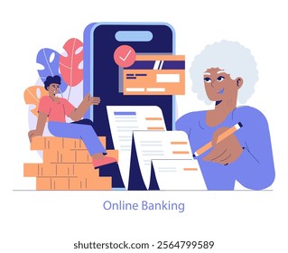 Intergenerational financial management with young and senior characters engaging in online banking activities. Digital finance education. Vector illustration.