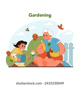 Intergenerational gardening. Young girl and grandparent share tender moment in garden, surrounded by nature beauty and wildlife. Eco friendly hobby for kids and grown ups. Flat vector illustration