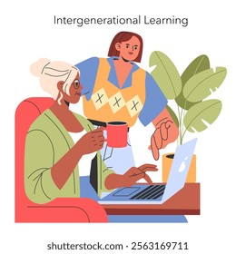 Intergenerational learning concept. Young and elderly women sharing knowledge using a laptop. Bridging generational gap through technology. Vector illustration.