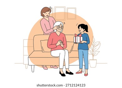 Amor intergeneracional celebrado a través del intercambio de regalos y la risa
