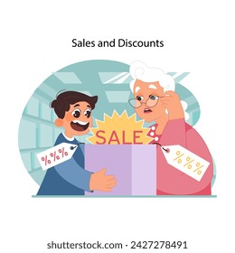 Intergenerational shopping savings concept. Boy excitedly sharing sale finds with grandmother, old woman watching in shock. Discovering deals. Savings bond across ages. Flat vector illustration