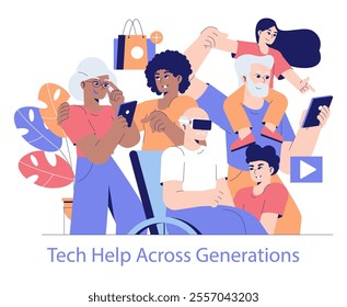 Inter-generational tech assistance concept. Diverse family members using gadgets; young teaching old, inclusivity in technology. Vector illustration.