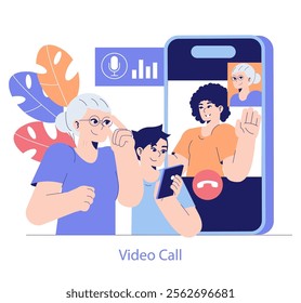 Intergenerational tech assistance concept. A young boy helps his grandmother with a video call, connecting with family online. Digital communication across ages. Vector illustration.