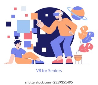 Intergenerational tech support concept. Elderly person explores VR as a young individual assists, bridging the digital divide. Interactive and immersive learning experience. Vector illustration.