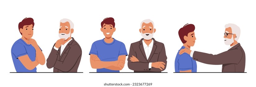 Intergenerational Unity Portrayed As A Young And Old Man Characters Standing Together, Symbolizing Wisdom, Experience, And The Bond That Transcends Age. Cartoon People Vector Illustration