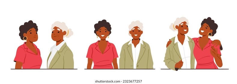 Inter-generational Unity: A Young And Old Woman Stand Side By Side, Symbolizing The Strength Of Different Generations Coming Together And Embracing Diversity. Cartoon People Vector Illustration