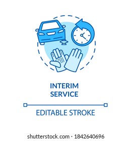 Interim service concept icon. Regular automobile maintenance idea thin line illustration. Worn tyres, faulty light, leaking hoses checking. Vector isolated outline RGB color drawing. Editable stroke