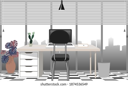 interio of office on the high building with cityscape background in flat disign