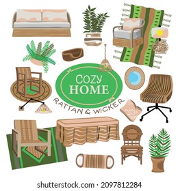 Interior of 20 items. Boho Style. Rattan and Wicker. With chairs, a table, an armchair, a sofa, carpets, pillows, a mirror, a lamps, potted plants