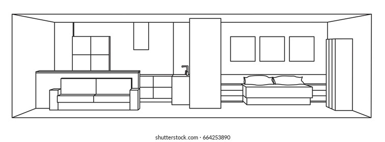 Interior 3d vector illustration. Kitchen and bedroom space. Black contour on white background.