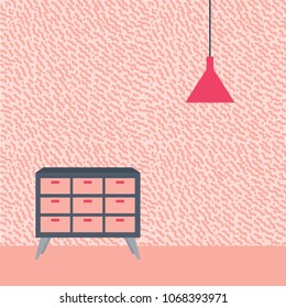 interior in 60's style  with a lamp, a chest of drawers and wallpaper with a small pattern
