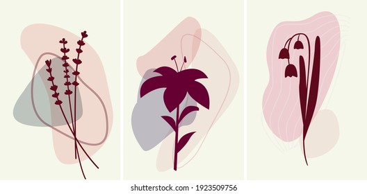 Interior abstract minimalism set of posters with plants. Vector  lavender, lily, lily of the valley. Vinous and pink colour botanical posters