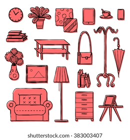 interior accessories icons set, hand drawn, doodle sketch style, vector illustration.