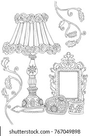 Interior accessories in the style of shabby chic: lamp, mirror, small mirror, box. Hand drawn picture. Sketch for anti-stress adult coloring book in zen-tangle style. Vector illustration.