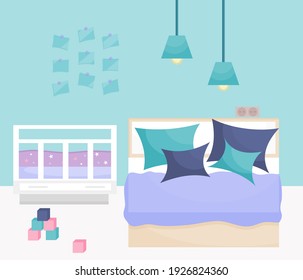 The interior of an adult bedroom with a baby cot and toys. Vector illustration. Combined room for parents with a child