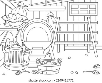 The interior of an agricultural building. Chicken coop with furniture and items. Children coloring book.