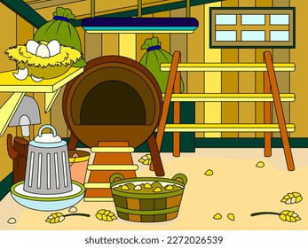 The interior of an agricultural building. Chicken coop with furniture and items. Children color book.