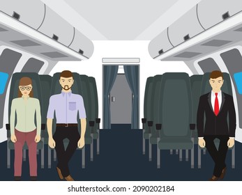 The interior of the aircraft cabin. Passengers on the plane.