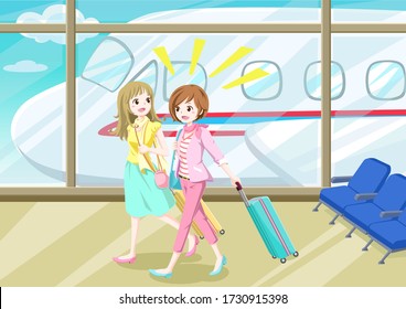 The interior of the airport and two girls walking with a suitcase. Vector illustration.
