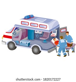 interior of an ambulance together with paramedics pick up a patient on a stretcher, cartoon illustration, isolated object on white background, vector, eps