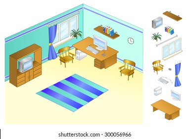 Interior of the apartment. Home office. Computer desk by the window. Shelves with books. Design work area. Vector illustration.