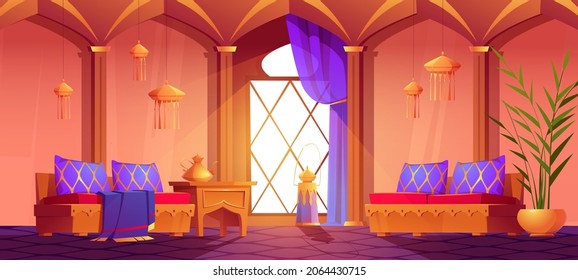 Interior in arabic style, middle east room on hotel or palace with oriental furniture, arched windows, lanterns and potted plant, teapot on table, arab moroccan design, Cartoon vector illustration