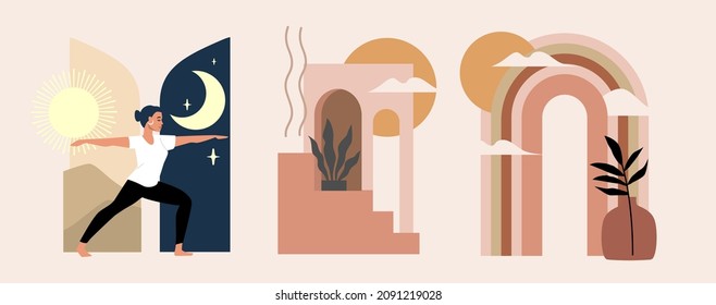 Interior with arch and woman in yoga pose boho vector. Meditation and relax theme