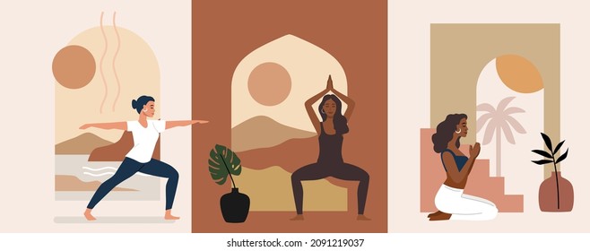 Interior con arco y mujer en yoga pose vector. Meditación y relajación