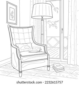 Interior. Armchair and floor lamp near the balcony. Books, pictures on the wall. Vector black and white illustration. Coloring book for adults.