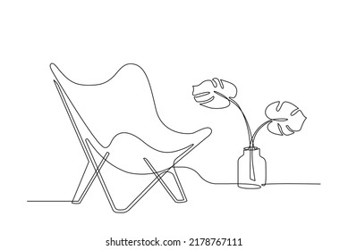 Interior With Armchair And Plant In Continuous One Line Style. Single Line Drawing Of Living Room With Modern Furniture Editable Stroke. Handdraw Contour. Doodle Vector