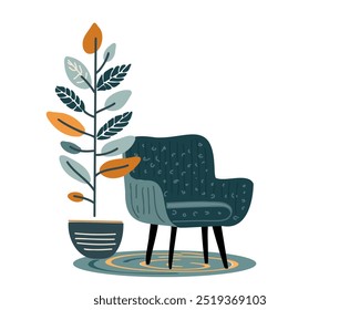 interior with armchair, plant in pot, vector illustration.