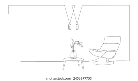 Interior con sillón, planta, mesa, lámpara en estilo de una línea continua. Dibujo de una sola línea de sala de estar con muebles modernos y pantallas de lámparas de trazo editable. Contorno de dibujo a mano. Doodle Vector